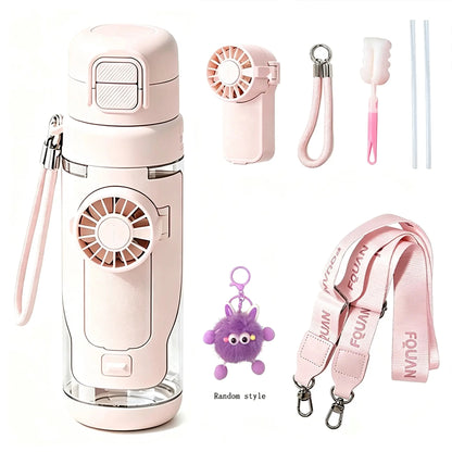 2-in-1 Water Bottle with Built-In Foldable Fan, Portable Dual-Drinking Cooling Water Bottle with Fan 3 Speeds USB, 3 Speeds Adjustable for Outdoors Sports