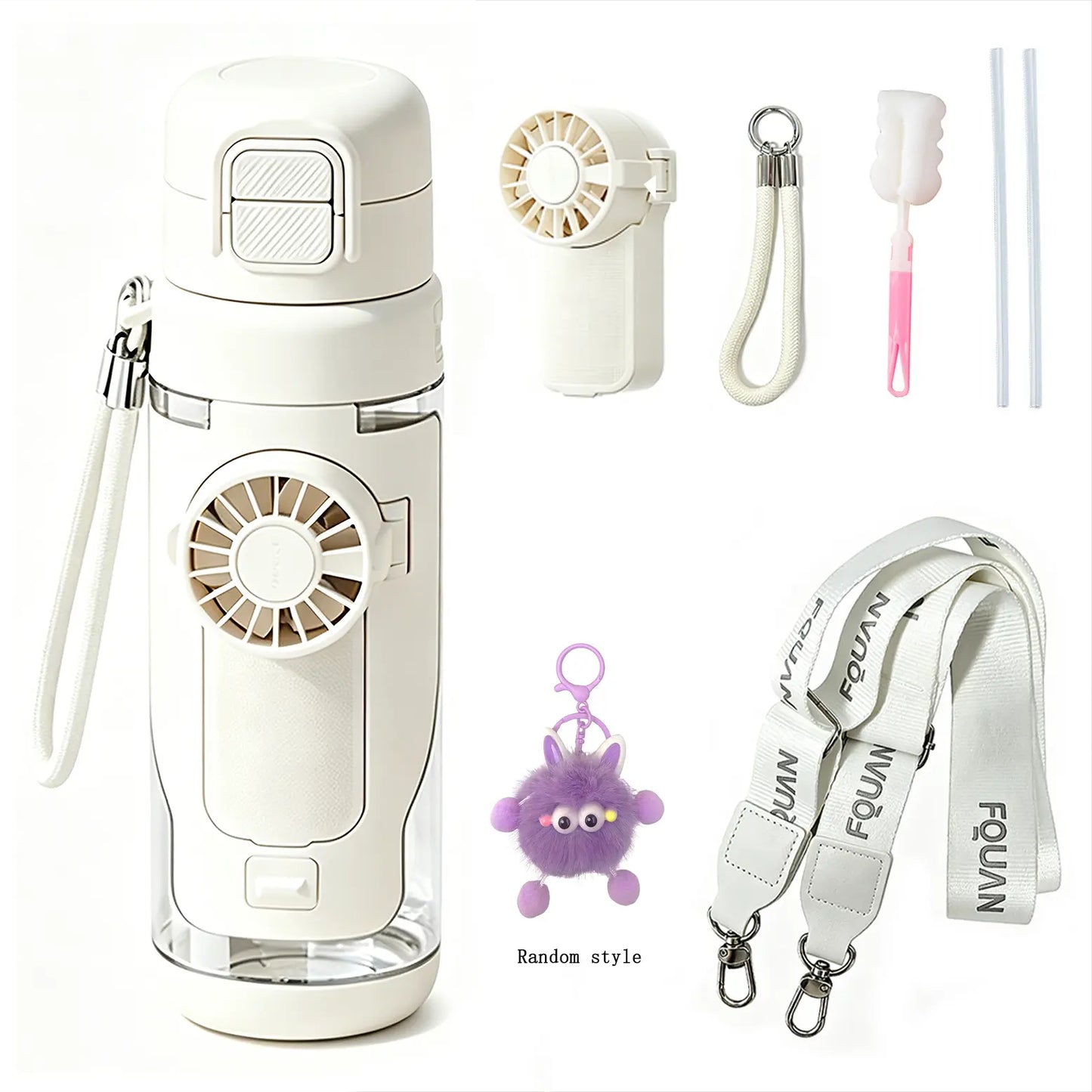 2-in-1 Water Bottle with Built-In Foldable Fan, Portable Dual-Drinking Cooling Water Bottle with Fan 3 Speeds USB, 3 Speeds Adjustable for Outdoors Sports