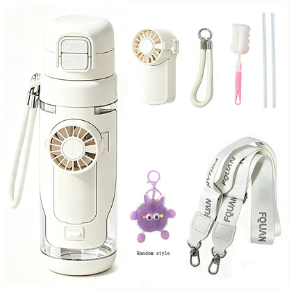 2-in-1 Water Bottle with Built-In Foldable Fan, Portable Dual-Drinking Cooling Water Bottle with Fan 3 Speeds USB, 3 Speeds Adjustable for Outdoors Sports