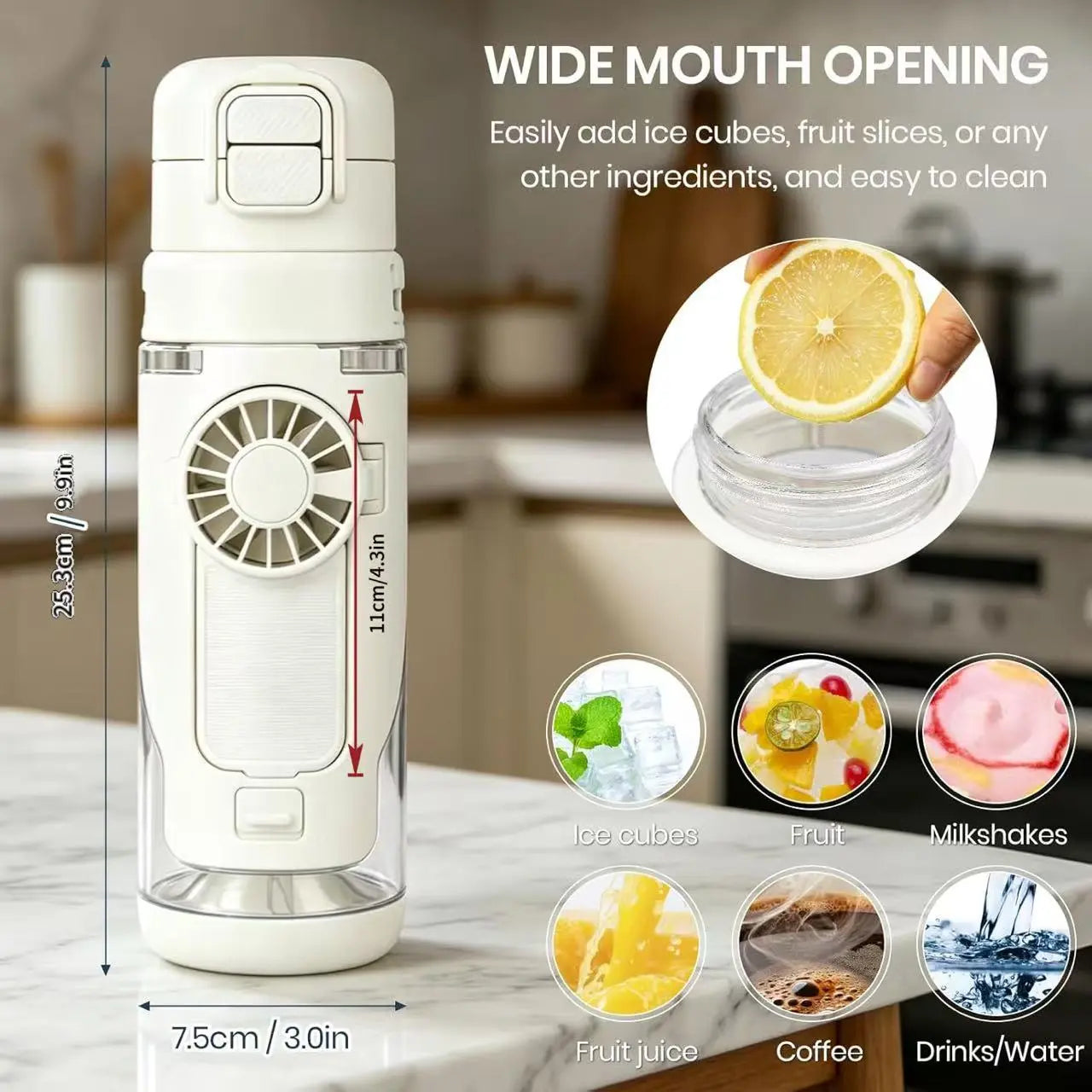 2-in-1 Water Bottle with Built-In Foldable Fan, Portable Dual-Drinking Cooling Water Bottle with Fan 3 Speeds USB, 3 Speeds Adjustable for Outdoors Sports
