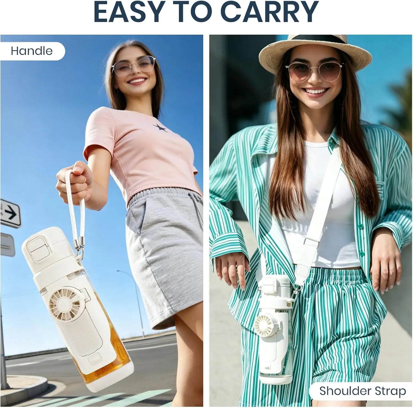 2-in-1 Water Bottle with Built-In Foldable Fan, Portable Dual-Drinking Cooling Water Bottle with Fan 3 Speeds USB, 3 Speeds Adjustable for Outdoors Sports