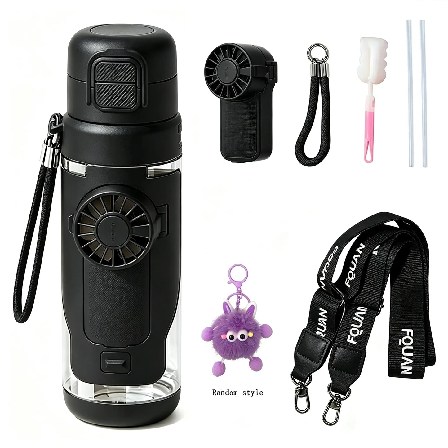 2-in-1 Water Bottle with Built-In Foldable Fan, Portable Dual-Drinking Cooling Water Bottle with Fan 3 Speeds USB, 3 Speeds Adjustable for Outdoors Sports